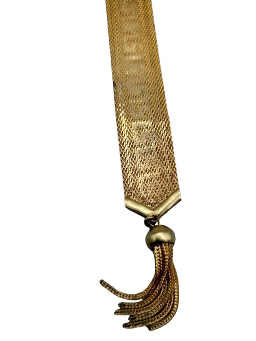 Art Deco Byzantine Greek Key Tassel Gold Tone Mesh Slide Bracelet - Picture 10 of 16